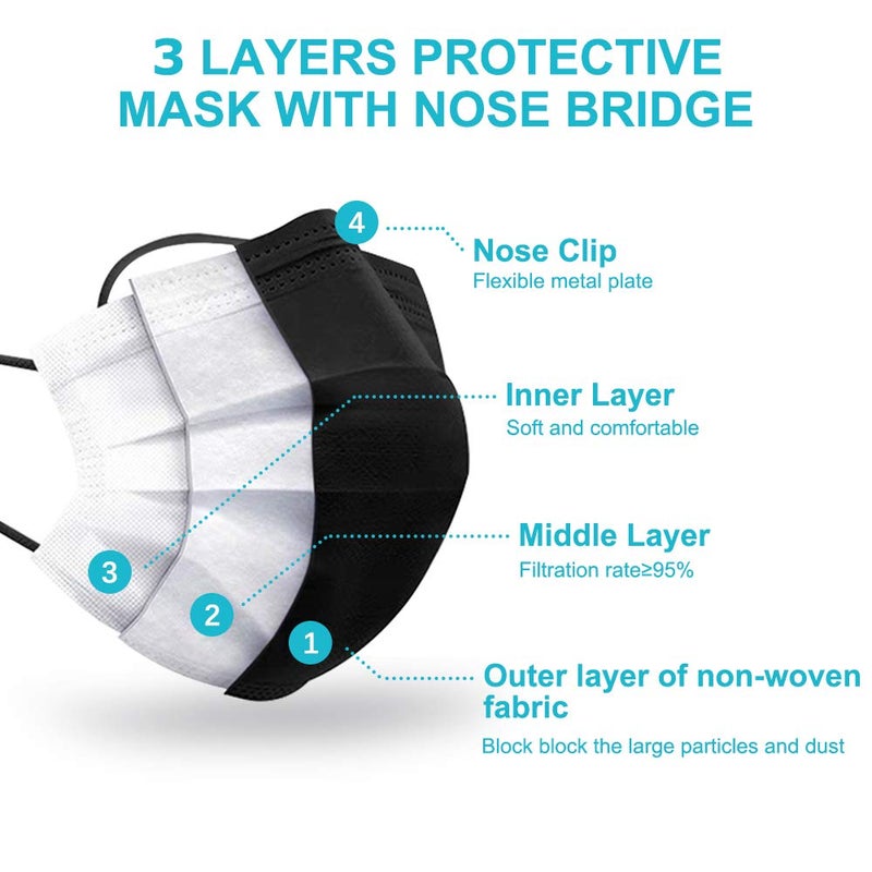 EHH Black Disposable Face Masks, Individually Wrapped, Breathable Face Mask for Men Women, 3- Ply, Comfortable Adult Masks with Adjustable Nose Wire & Elastic Ear Loop 50 Pcs, Black - Image 3